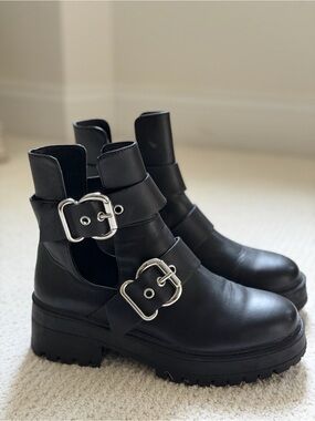 Divided Black Buckle Cutout Combat Boots